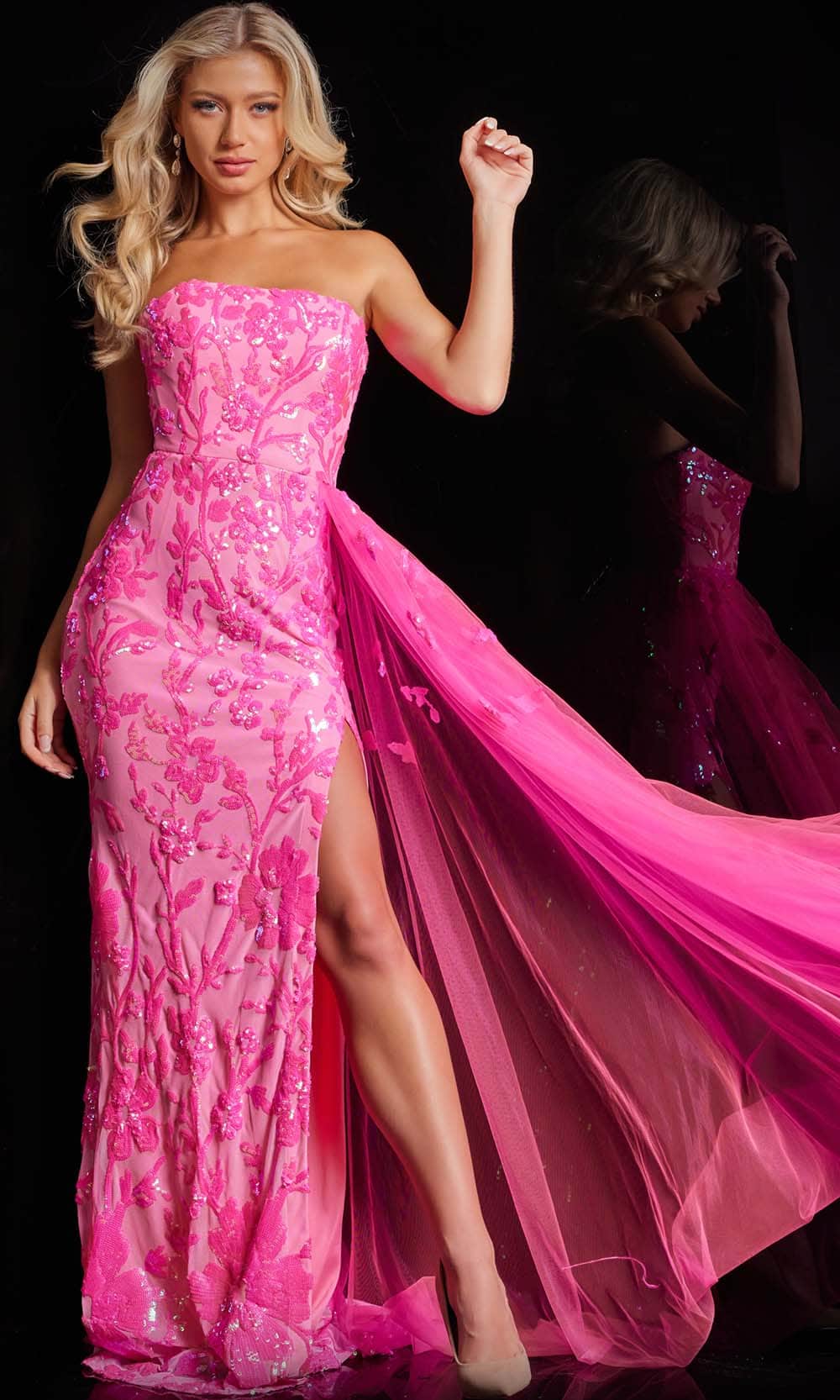 Jovani 26134 - Long Sequin Sheath Dress - Strapless, Midrise Back, Concealed Zipper Closure, High Slit, Side Sash, Sweep Train ADASA Jovani 26134 - Long Sequin Sheath Dress - Strapless, Midrise Back, Concealed Zipper Closure, High Slit, Side Sash, Sweep Train ADASA