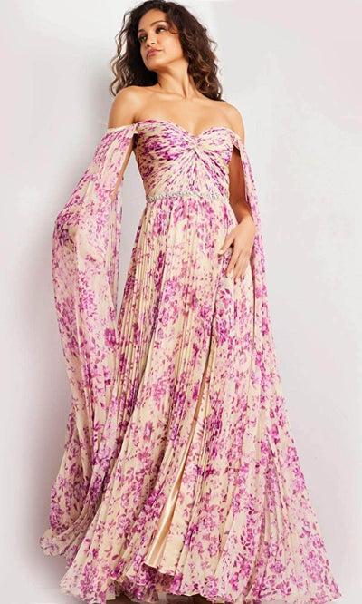 Jovani 26141 - Pleated Cape Sleeves Long Dress Special Occasion Dress 00 / Print