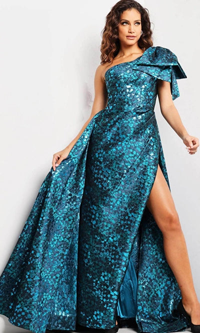 Jovani 26254 - Bow Draped One Shoulder Evening Dress Special Occasion Dress 00 / Peacock