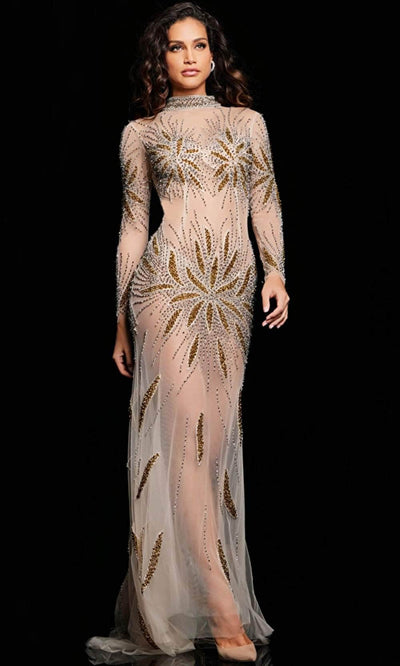 Jovani 26257 - Illusion Bead Embroidered Long Gown Special Occasion Dress 00 / Nude/ Gold