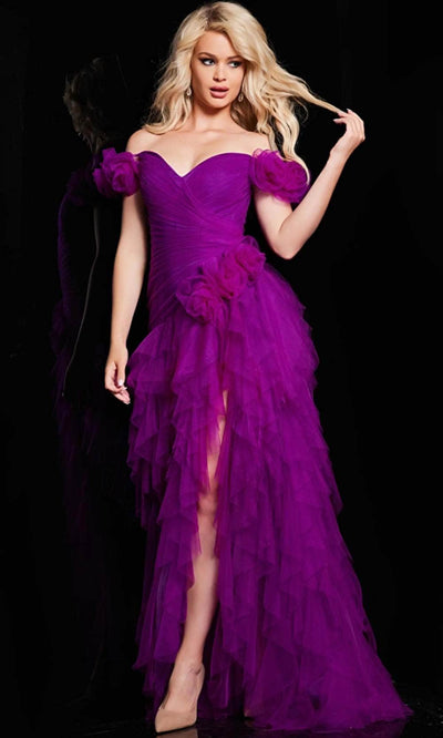 Jovani 26312 - Rosette Cap Sleeve Prom Gown Special Occasion Dress 00 / Purple