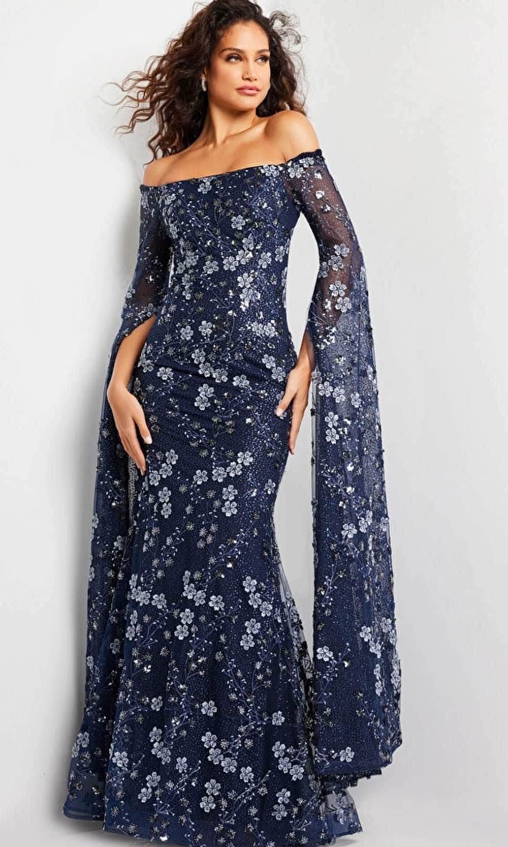 Jovani 26330 - Off Shoulder Floral Embroidered Gown Special Occasion Dress 00 / Navy