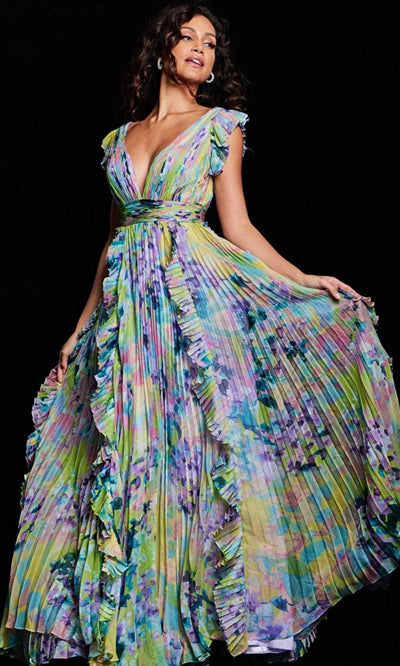 Jovani 34412 - Short Flutter Sleeves Long Dress Special Occasion Dress 00 / Print