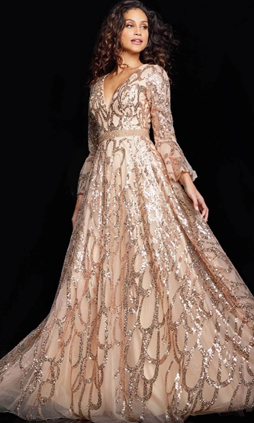 Jovani 36380 - Long Mesh A-line Dress - Long Flutter Sleeves, Sequin Embellished, Embellished Waist, Sweep Train 4 / Blush Jovani 36380 - Long Mesh A-line Dress - Long Flutter Sleeves, Sequin Embellished, Embellished Waist, Sweep Train 4 / Blush