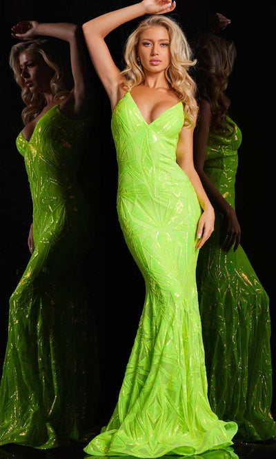Jovani 36656 - V-Neck Geometric Sequin Prom Gown Special Occasion Dress 00 / Neon Green