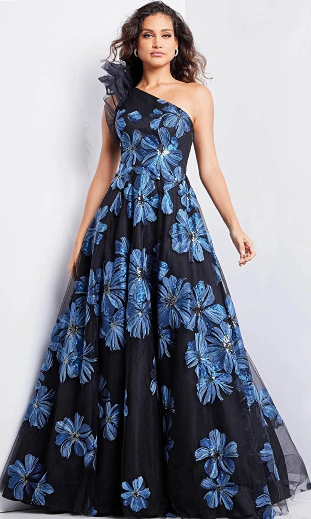 Jovani 36717 - One Shoulder Floral Evening Gown Special Occasion Dress 00 / Navyblack