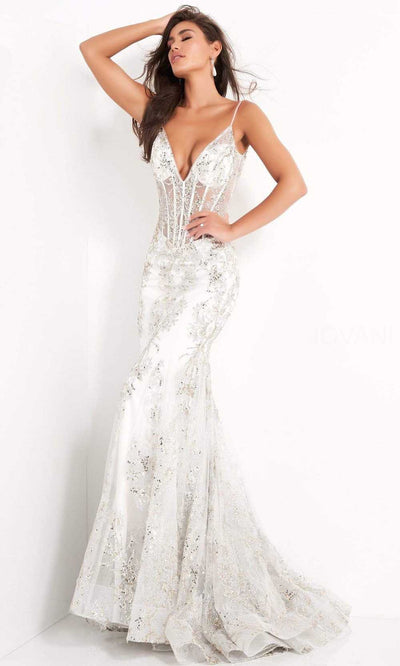 Jovani - 3675 Sheer Corset Bodice Sequin Mermaid Gown Pageant Dresses 00 / White/Gold/Silver