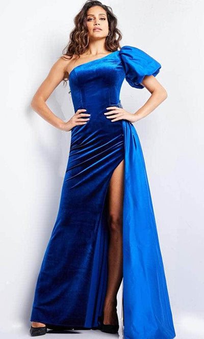 Jovani 36878 - Puff Sleeve Velvet Evening Gown Special Occasion Dress 00 / Royal