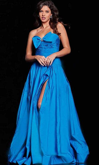Jovani 37066 - Bow Accent Shirred Evening Dress Special Occasion Dress 00 / Peacock