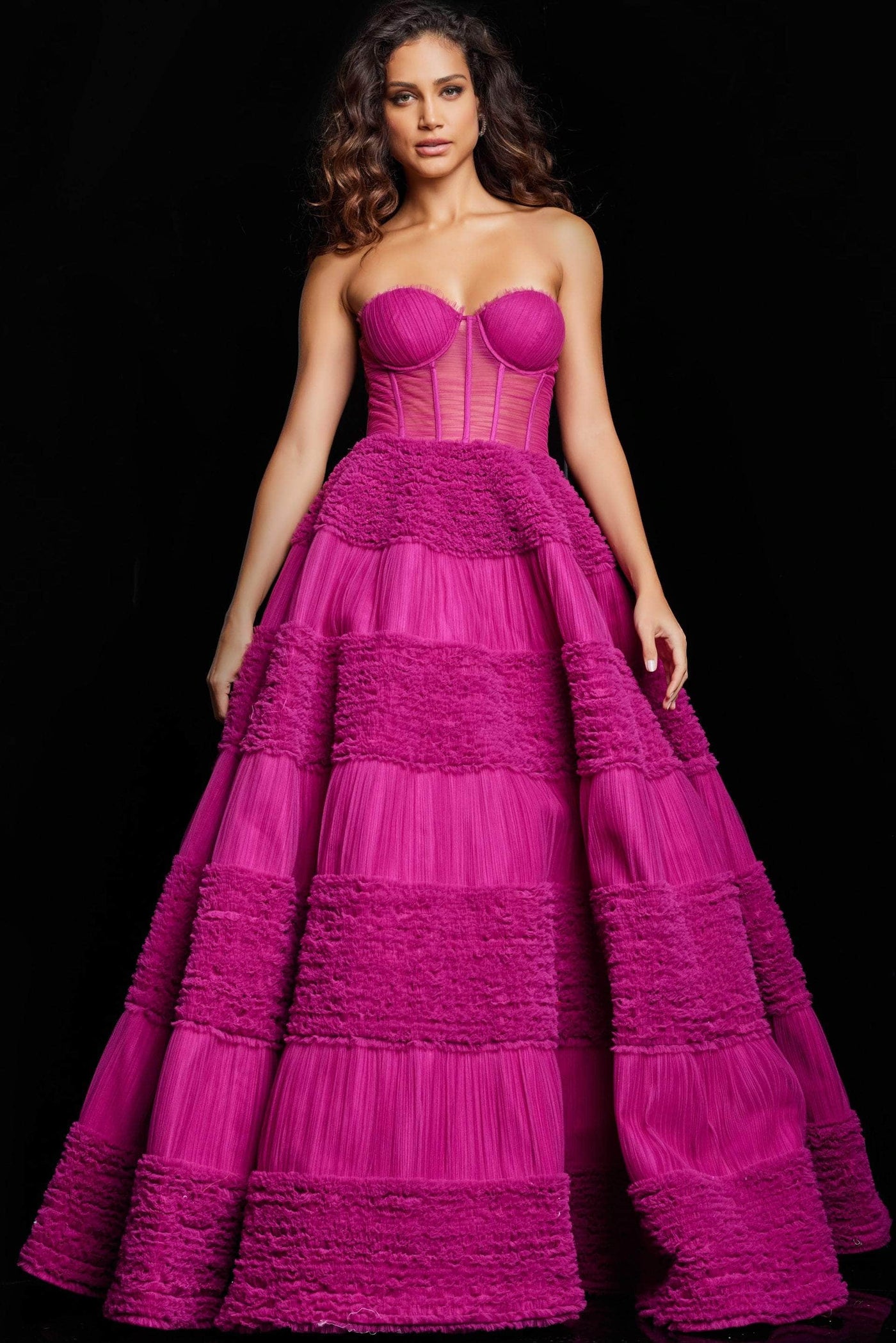 Jovani 37157 - Bustier Textured Evening Gown Special Occasion Dress 00 / Raspberry