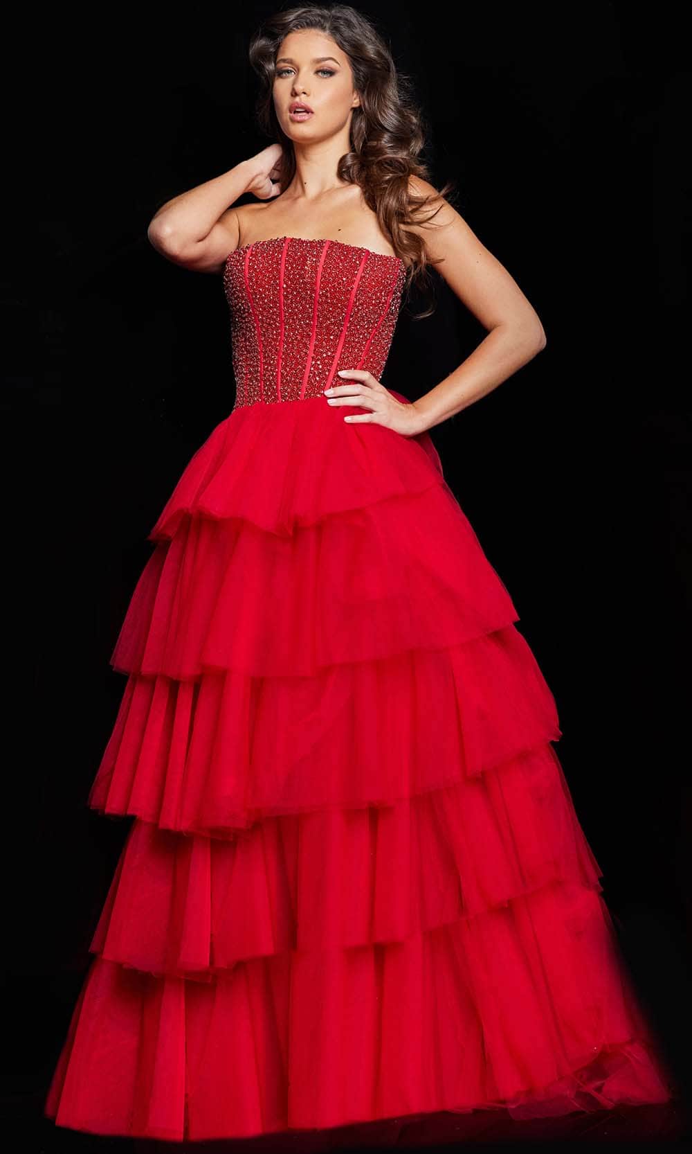 Jovani 37210 - Beaded Strapless Tiered Ballgown Special Occasion Dress 00 / Red