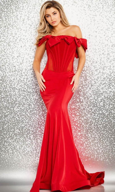 Jovani 37225 - Bow Accented Off Shoulder Prom Gown Special Occasion Dress 00 / Red