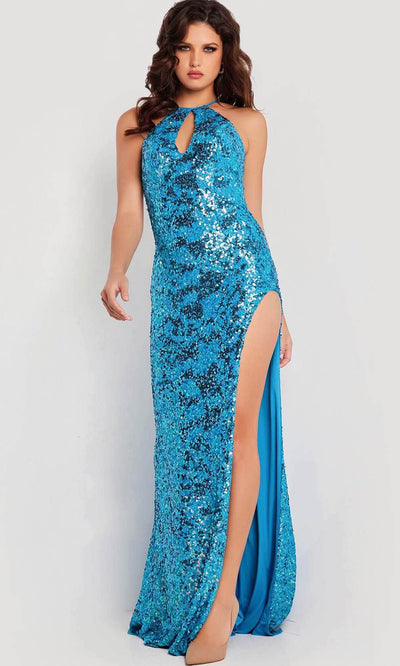 Jovani 37245 - High Halter Sequined Prom Gown Special Occasion Dress 00 / Sky-Blue