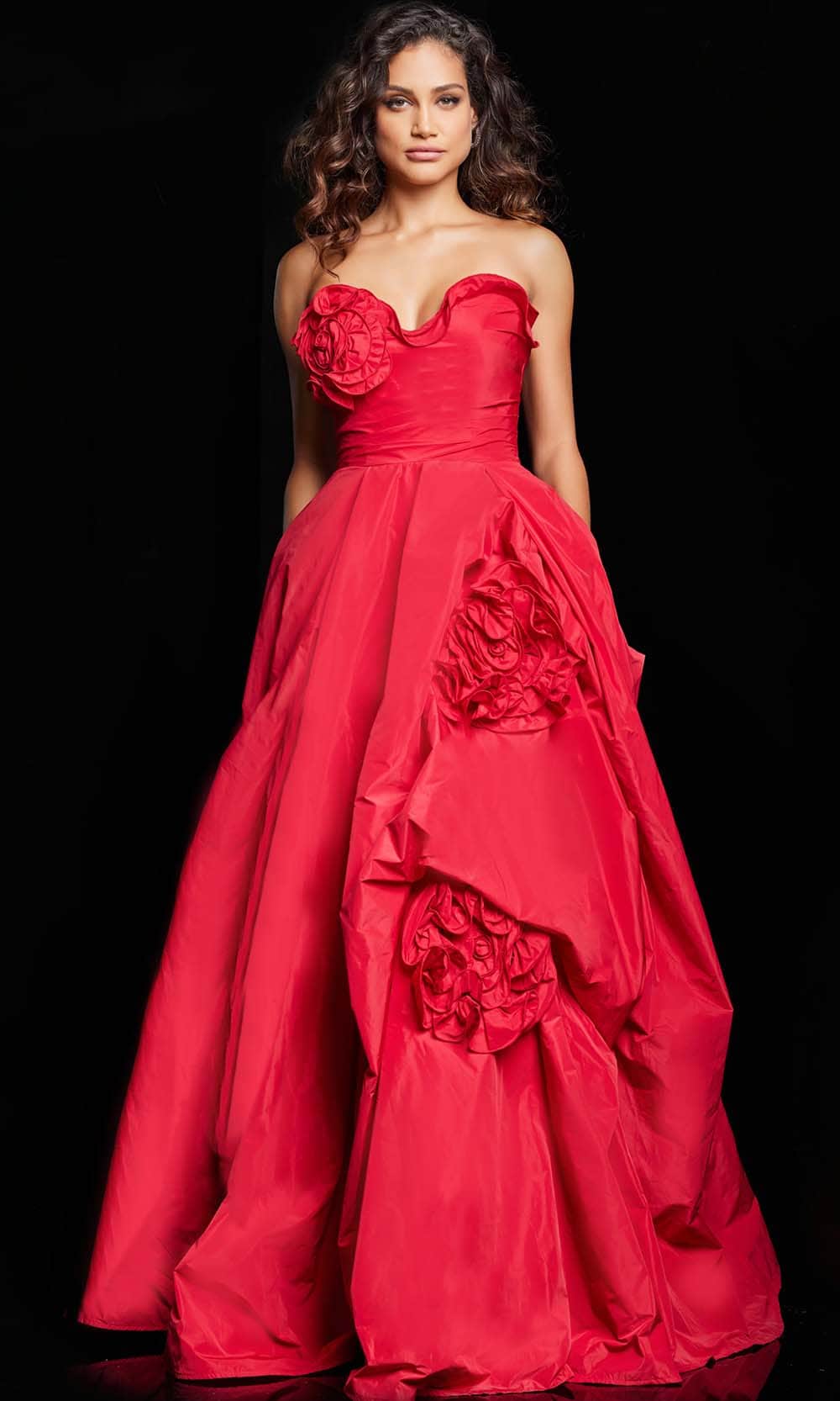 Jovani 37266 - Sweetheart Rosette Accent Ballgown Special Occasion Dress 00 / Dark Red