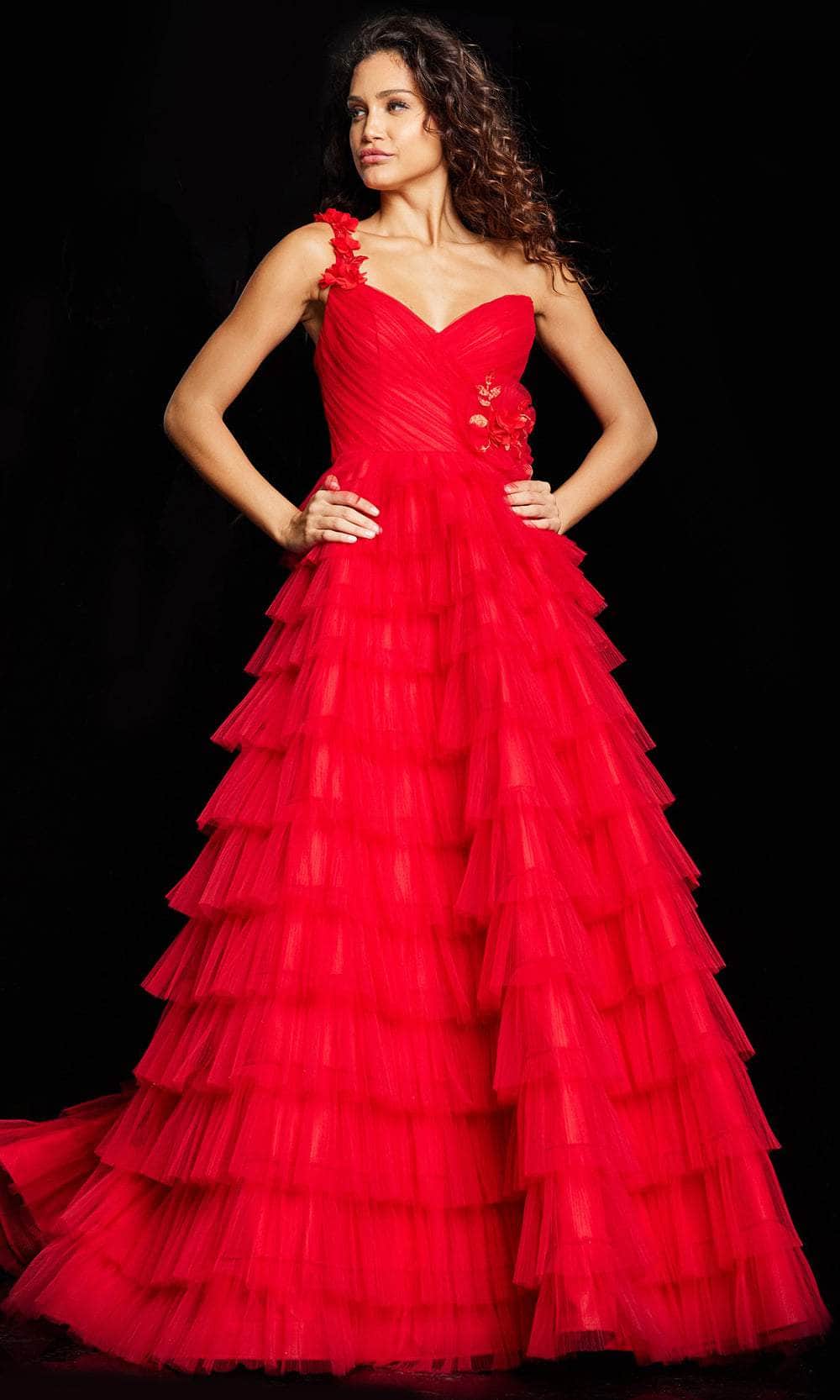 Jovani 37274 - Pleated Bodice Layered Evening Gown Special Occasion Dress 00 / Red