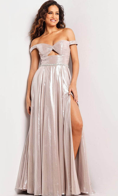 Jovani 37381 - Metallic Off Shoulder Prom Gown Special Occasion Dress 00 / Taupe