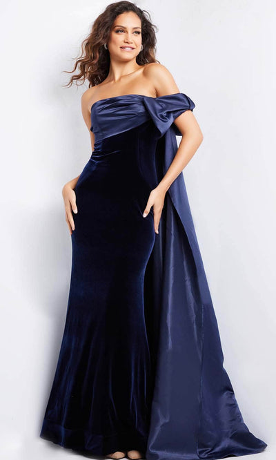 Jovani 37391 - Bow Accented Sleeve Evening Gown Special Occasion Dress 00 / Navy/Navy