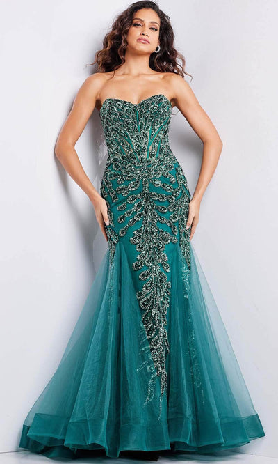 Jovani 37412 - Bejeweled Corset Evening Dress Special Occasion Dress 00 / Emerald/Emerald