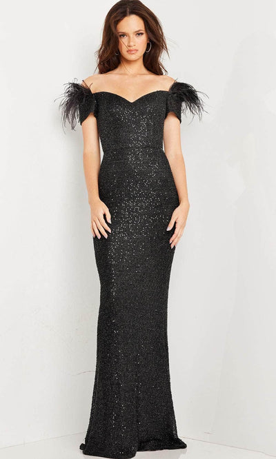 Jovani 37562 - Feather Fringed Sequin Long Dress Special Occasion Dress 00 / Black