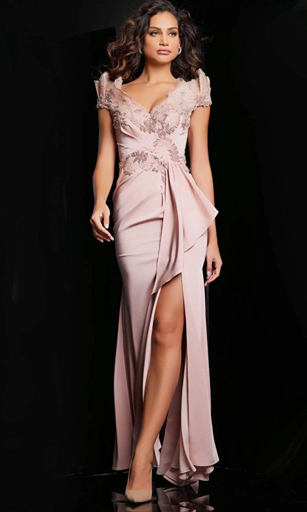 Jovani 37572 - Lace Scalloped V-Neck Evening Gown Special Occasion Dress 00 / Blush
