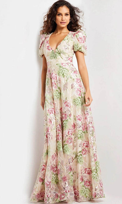 Jovani 37636 - Puff Sleeve Floral Long Dress Special Occasion Dresses