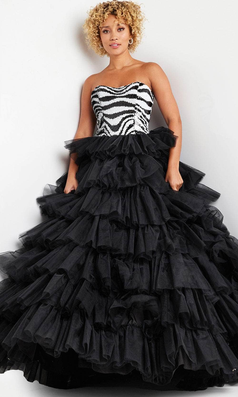 Jovani 38360 - Strapless Sequin Zebra Pattern Ballgown Special Occasion Dress 00 / Black/White