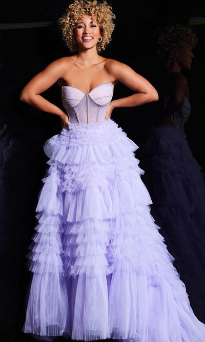 Jovani 38539 - Strapless Corset Layered Ballgown Special Occasion Dress 00 / Lavender