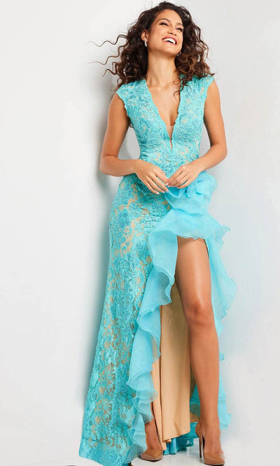 Jovani 38668 - V-Neck Cap Sleeve Prom Dress Special Occasion Dress 00 / Turquoise