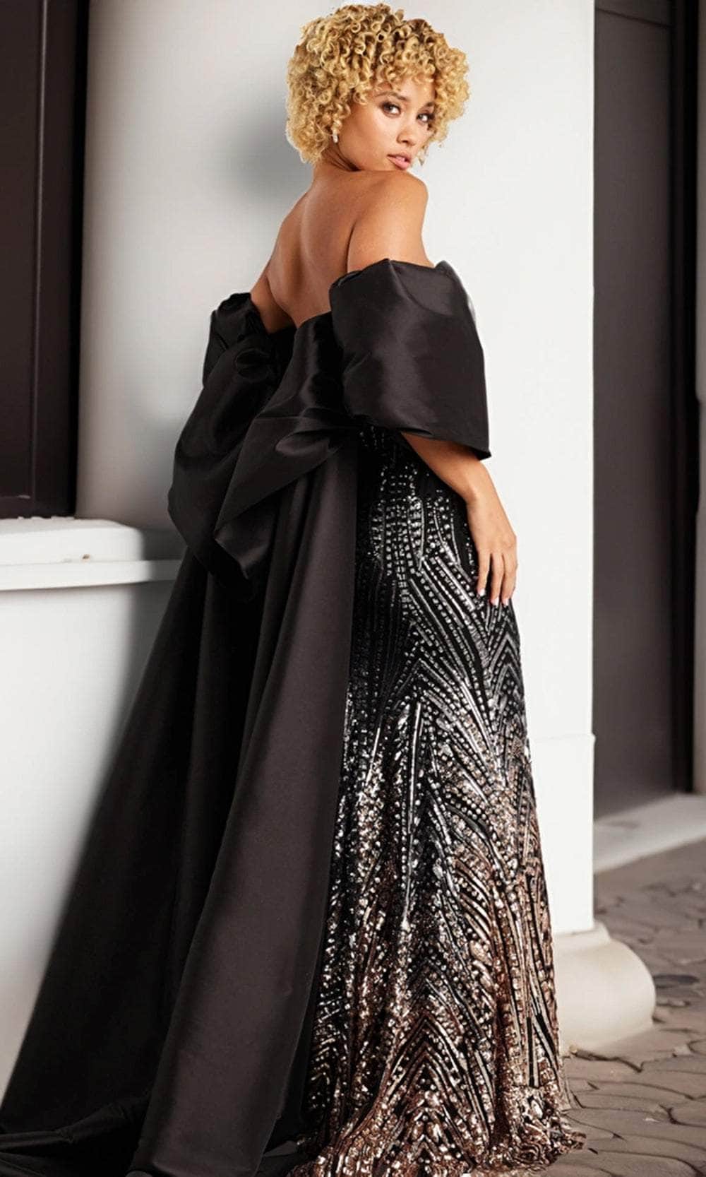 Jovani 38746 Long Sheath Dress Off Shoulder, Satin long cape