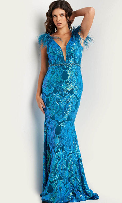 Jovani 38758 - Feather Sequined Long Gown Evening Dresses 00 / Royal