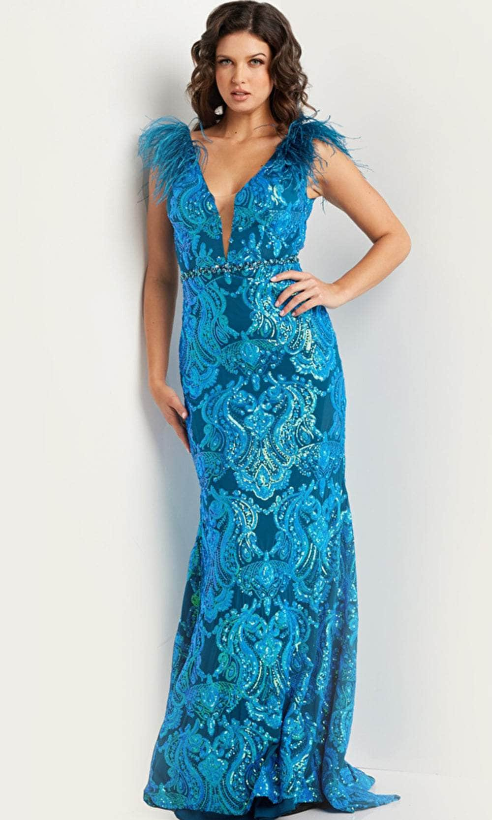 Jovani 38758 - Feather Sequined Long Gown Evening Dresses