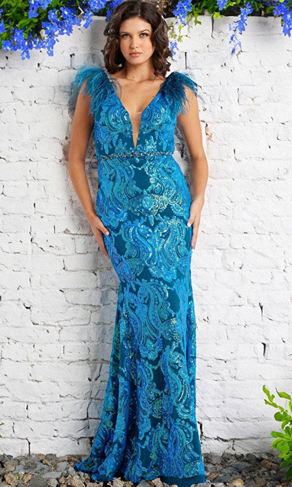 jovani green feather dress Green One Shoulder Feather Sleeve Dress 23980
