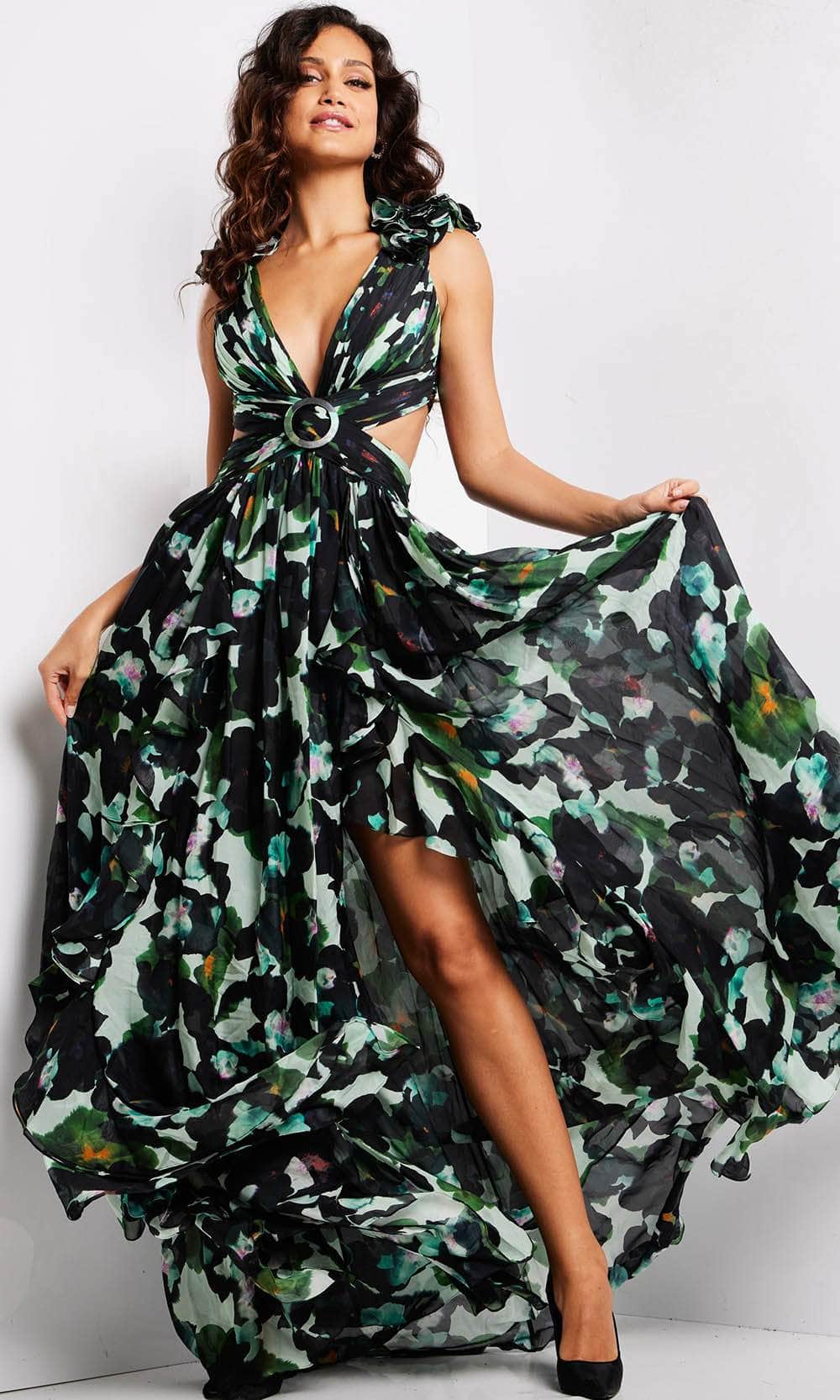 Jovani 39420 - Long A-line Dress - Sleeveless, Cutout Sides, Floral Camo Print, Laced Up Back, Slit, Sweep Train 2 / Multi Jovani 39420 - Long A-line Dress - Sleeveless, Cutout Sides, Floral Camo Print, Laced Up Back, Slit, Sweep Train 2 / Multi