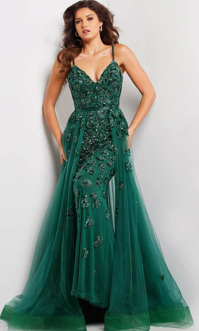 Jovani 39434 - Deep V-Neck Overskirt Prom Gown Special Occasion Dress 00 / Emerald/Emerald