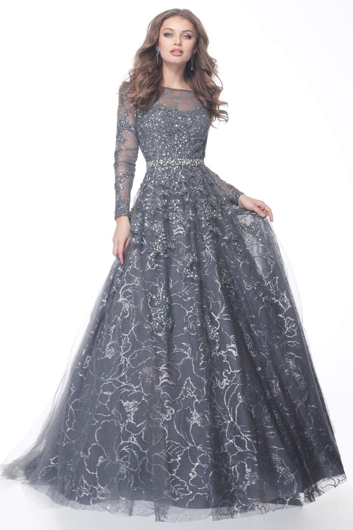 Jovani - Long Sleeve Embellished Ballgown 51838SC In Gray