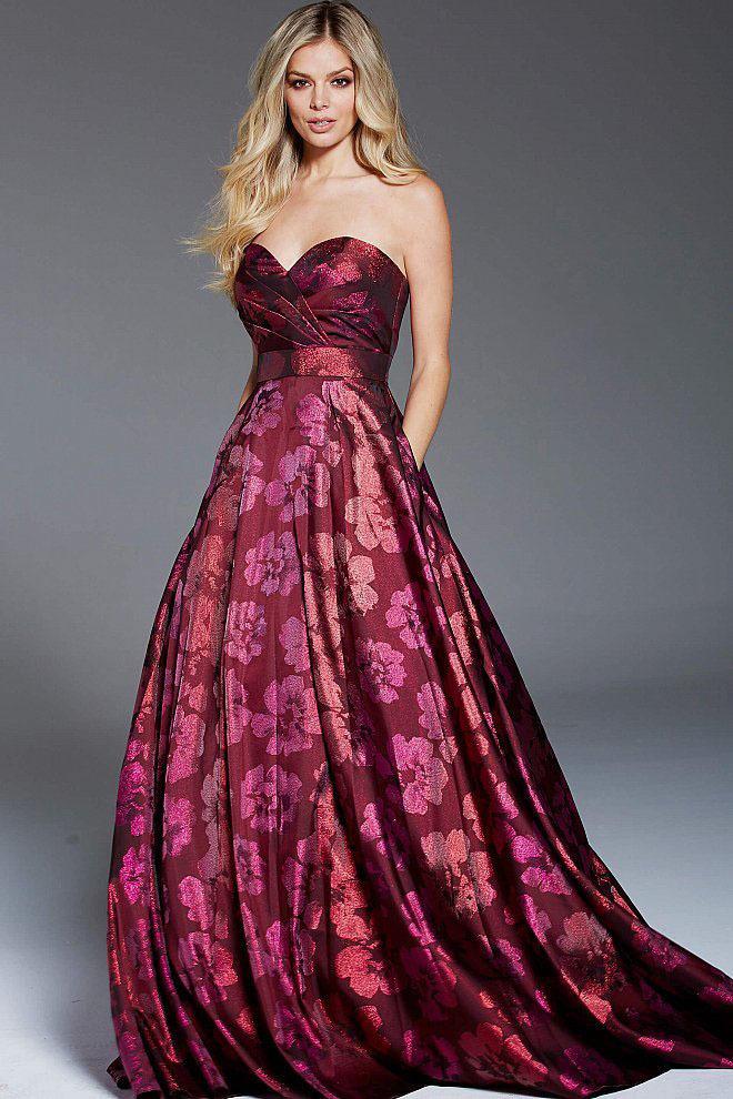 Jovani 57818 Strapless Pleated Bodice Floral Ballgown - 1 pc Wine In Size 8 Available CCSALE 8 / Wine