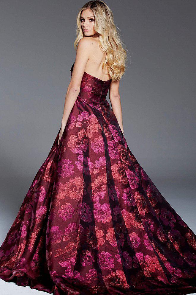 Jovani 57818 Strapless Pleated Bodice Floral Ballgown - 1 pc Wine In Size 8 Available CCSALE 8 / Wine