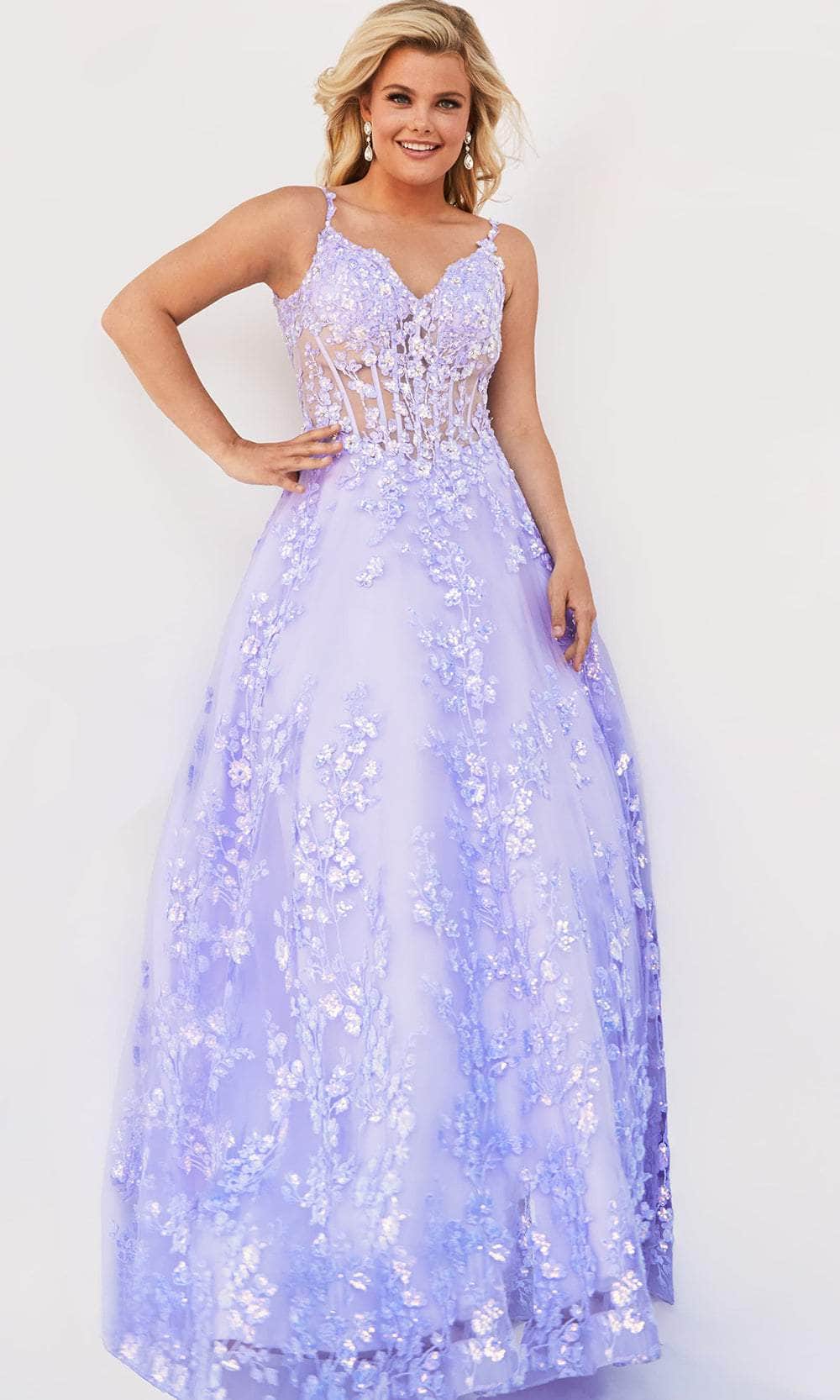 Jovani 63170 - Floral Corset A-Line Prom Dress Prom Dresses 00 / Lilac