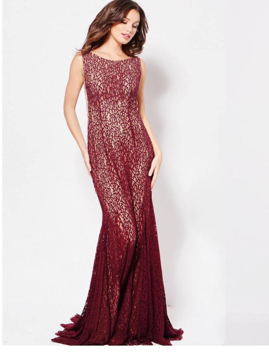 Jovani Bateau Stretch Lace Trumpet Evening Gown 50757SC  - 2 pcs Plum In Size 2 and Size 4 Available CCSALE 2 / Plum