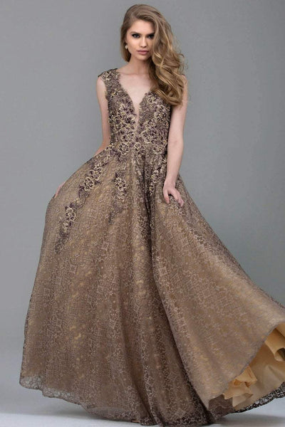 Jovani - Beaded Cap Sleeve Lace A-Line Gown 55877 CCSALE 14 / Taupe