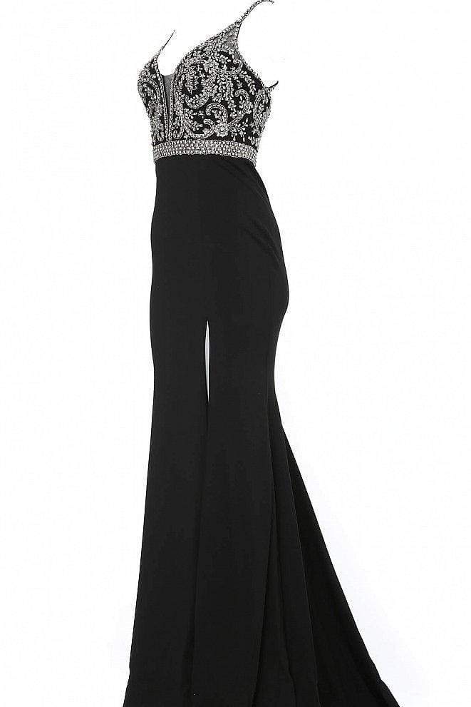 Jovani - Beaded Deep V-neck Mermaid Dress JVN68317SC CCSALE 0 / Black