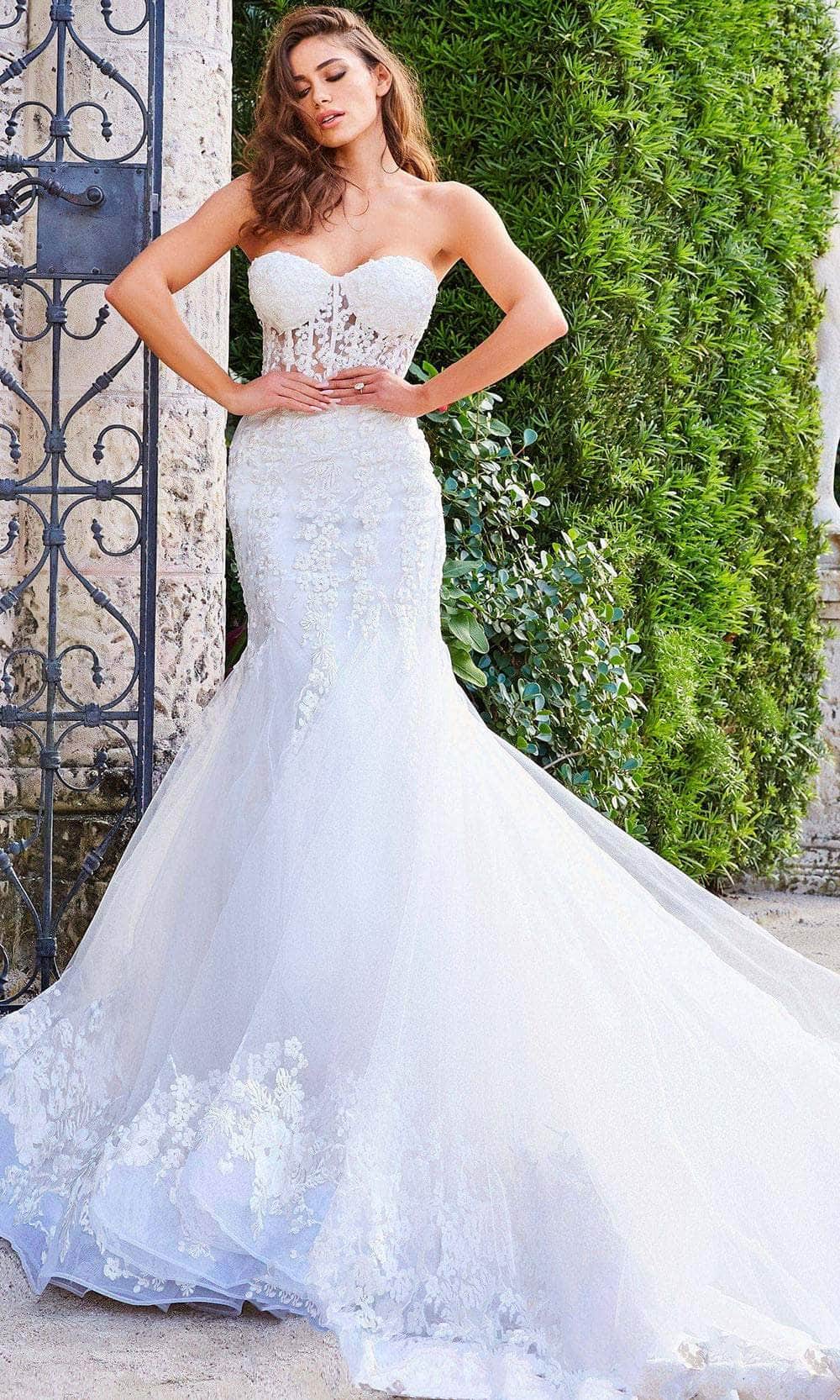 Jovani Bridal JB07260 - Long 100% Polyester Mermaid Dress - Strapless, Lace Appliques, Sheer Corset Bodice, Chapel Train ADASA Jovani Bridal JB07260 - Long 100% Polyester Mermaid Dress - Strapless, Lace Appliques, Sheer Corset Bodice, Chapel Train ADASA