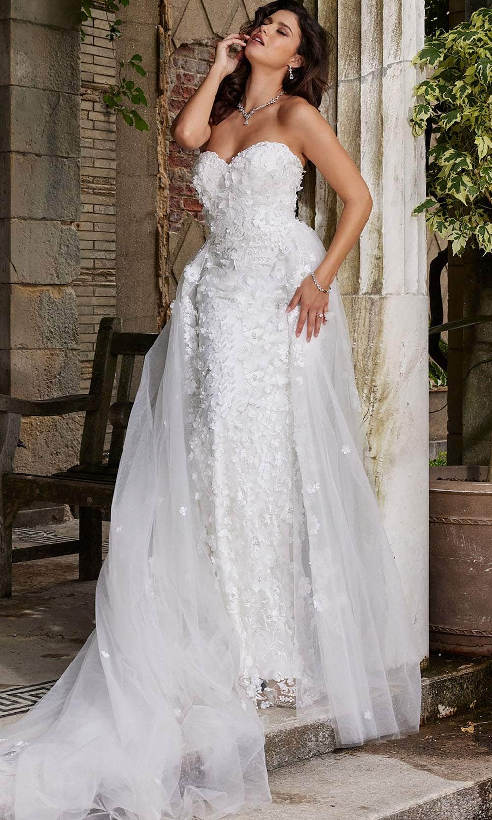 Jovani Bridal JB07452 - Long Sheath Dress - Strapless, Floral Appliques, Midrise Back, Buttons, Zipper Closure, Chapel Train 4 / Off-White Jovani Bridal JB07452 - Long Sheath Dress - Strapless, Floral Appliques, Midrise Back, Buttons, Zipper Closure, Chapel Train 4 / Off-White