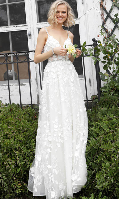 Jovani Bridal - JB63363 Floral Applique Jeweled A-Line Bridal Gown Bridal Dresses 00 / White