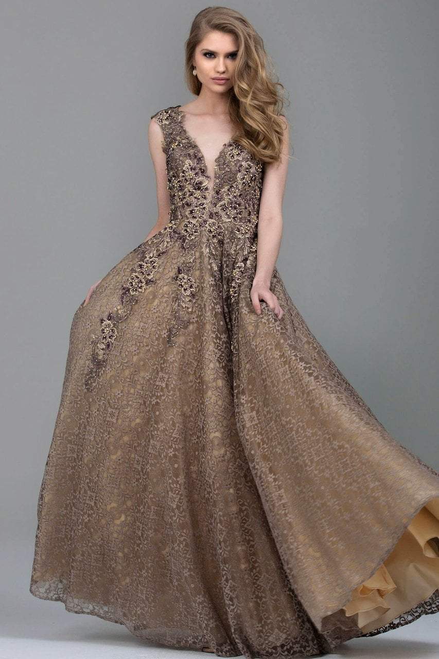 Jovani Cap Sleeve Plunging Floral Appliqued Gown 55877A CCSALE 24 / Taupe
