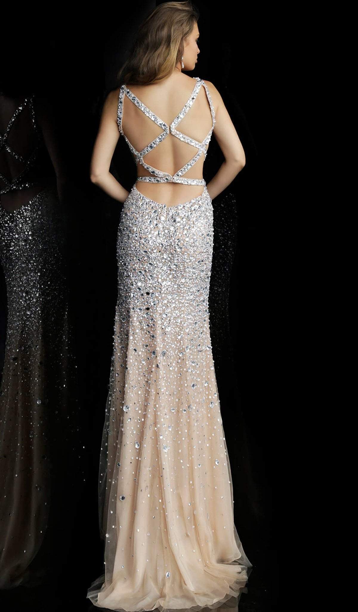 Jovani - Crisscross Strapped Bejeweled High Slit Gown 59846 CCSALE 10 / Silver/Nude