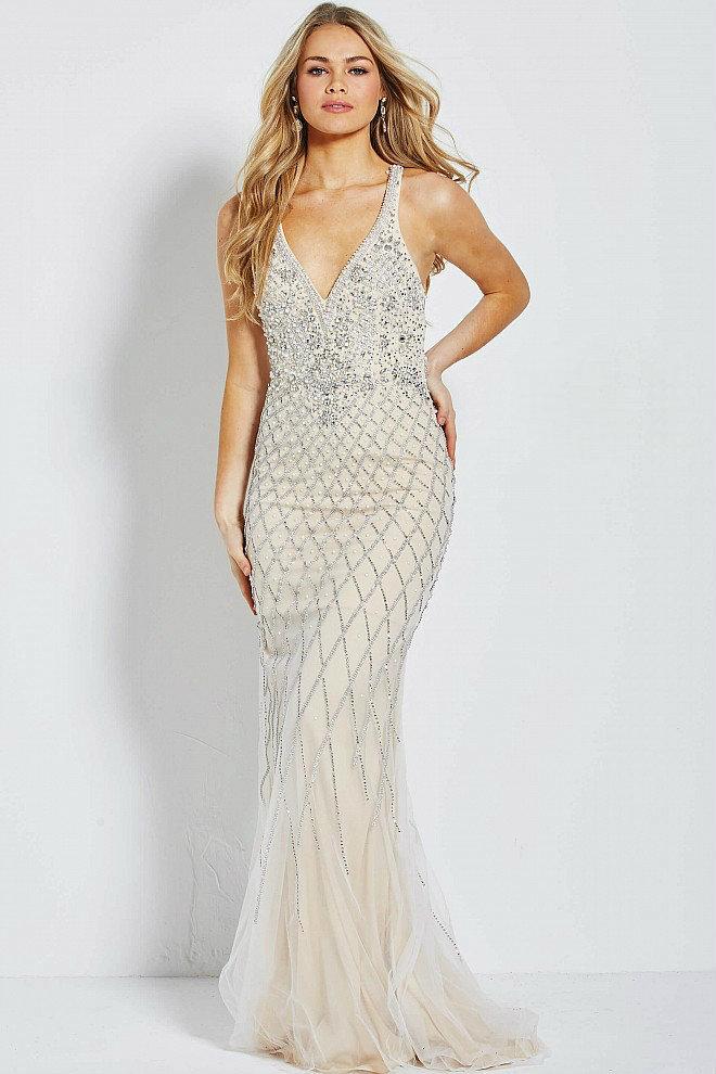 Jovani Crystal Embellished Crisscross Fitted Dress JVN54552 - 1 pc Silver/Nude In Size 2 Available CCSALE 2 / Silver/Nude