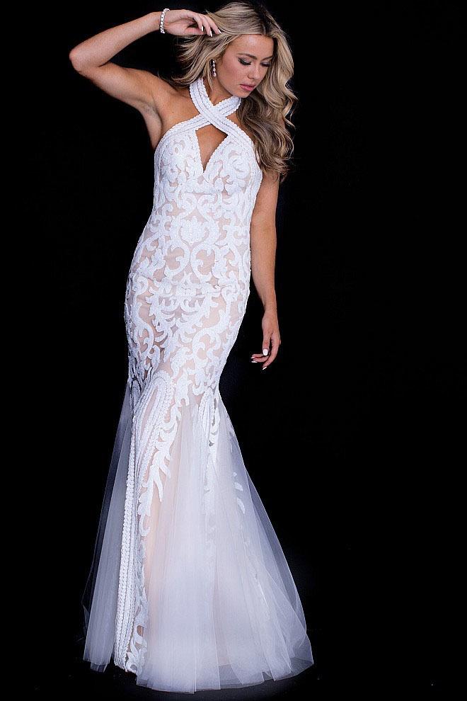 Jovani - Embellished High Halter Lace Mermaid Evening Gown JVN53216 - 1 pc Black/Nude In Size 2 Available CCSALE 2 / Black/Nude