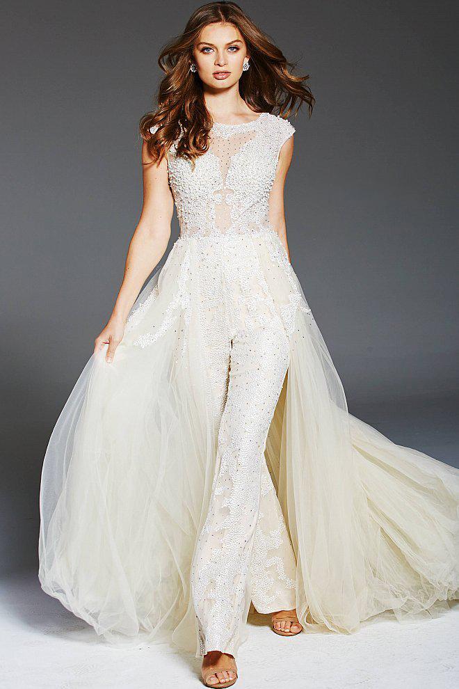 Jovani - Embellished Jumpsuit with Ballgown Overskirt 56008 - 1 pc Off White In Size 10 Available CCSALE 10 / Off White