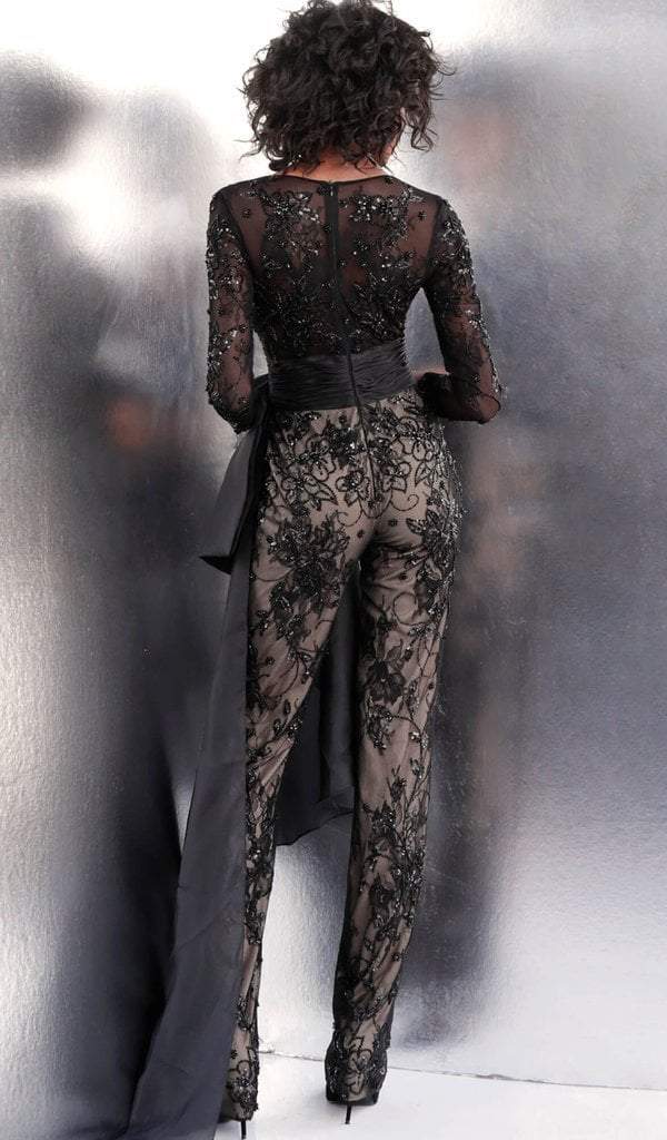 Jovani - Embellished Long Sleeve Deep V-neck Jumpsuit 64068 - 1 pc Black In Size 8 Available CCSALE 8 / Black